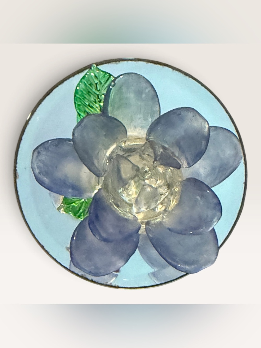 Vintage Glass Baron Blue Flower Figurine Green Leaves Mirrored Base